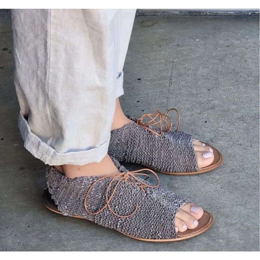 CYDWOQ Vintage Women’s Grey Taupe Woven Lace Up Leather Sole Sandal